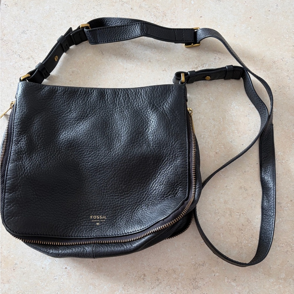 Fossil Black Leather Messenger Bag with Gold Accents